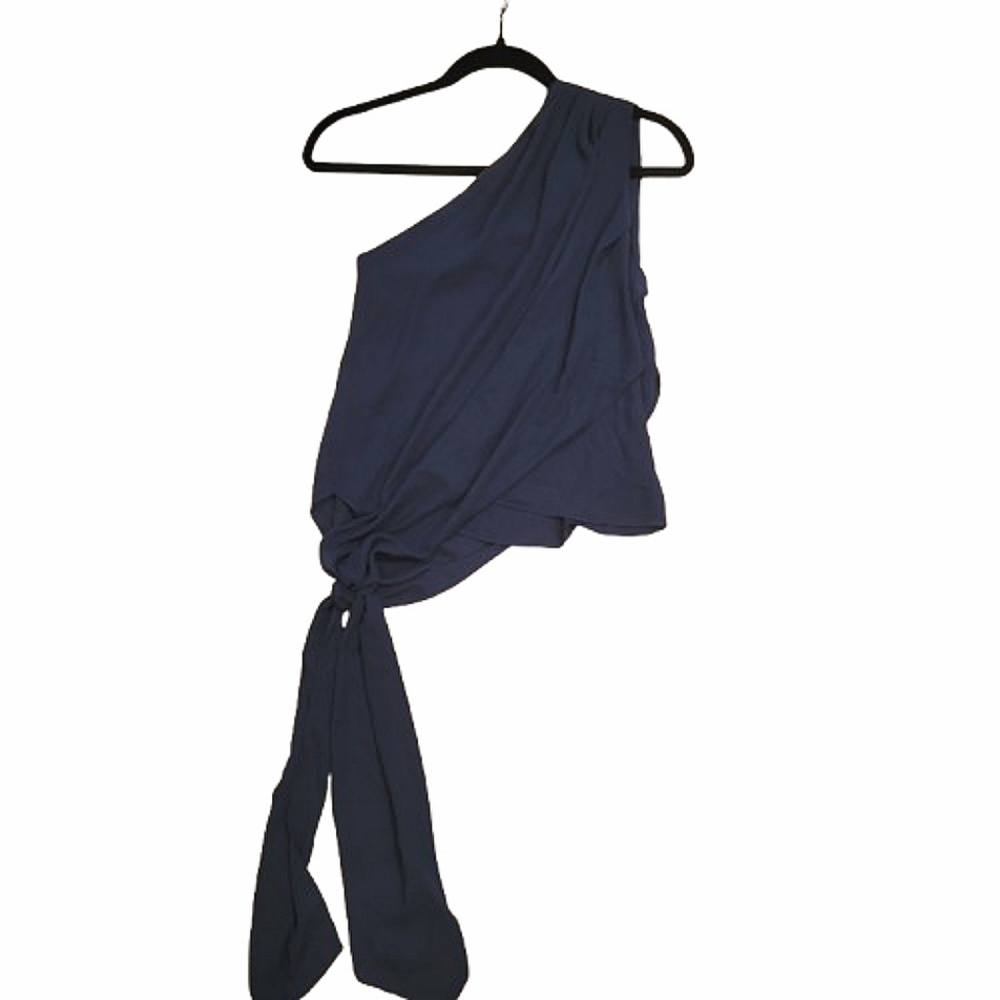 Krisa from Revolve One shoulder draped Navy Blue Blouse with Long side Tie NWT
